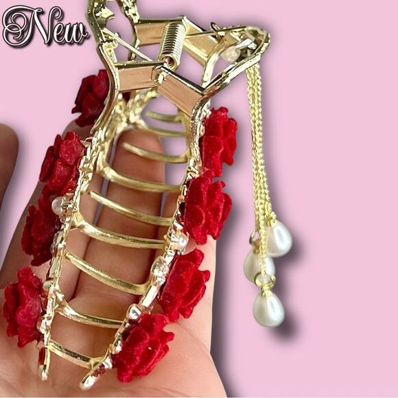 New Gold Rose Vine Hair Clip with Pearls & Rhinestone Leaves - Picture 5 of 7